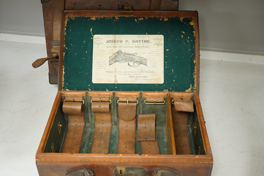 Two late 19th century brown leather magazine cases and another ‘collars’ box, largest 41cm wide